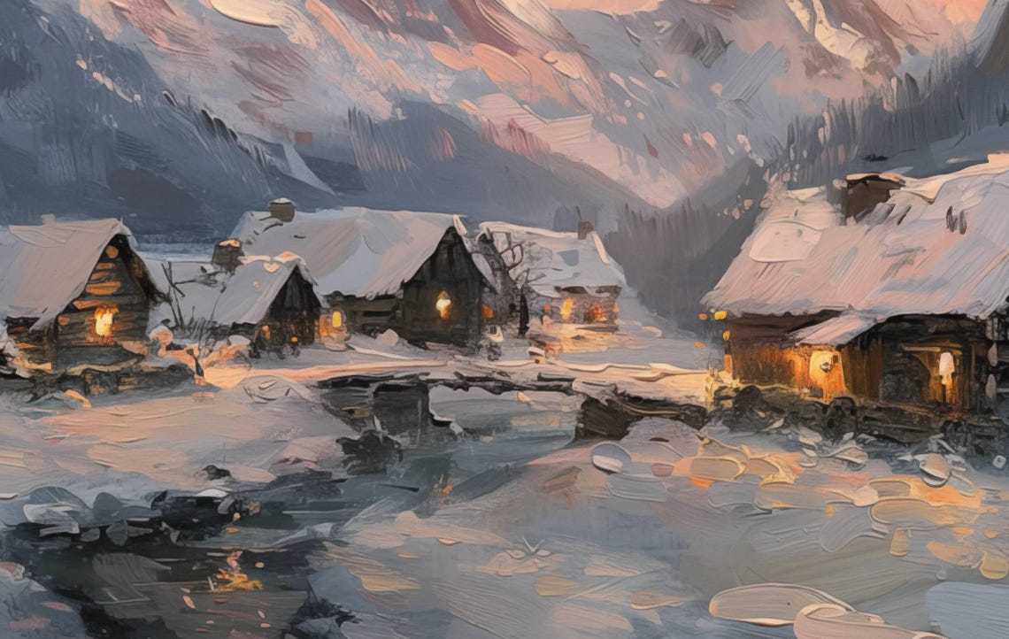 Snowy Alpine Village Cabins At Sunset Mountain Oil Painting Poster - Image 4
