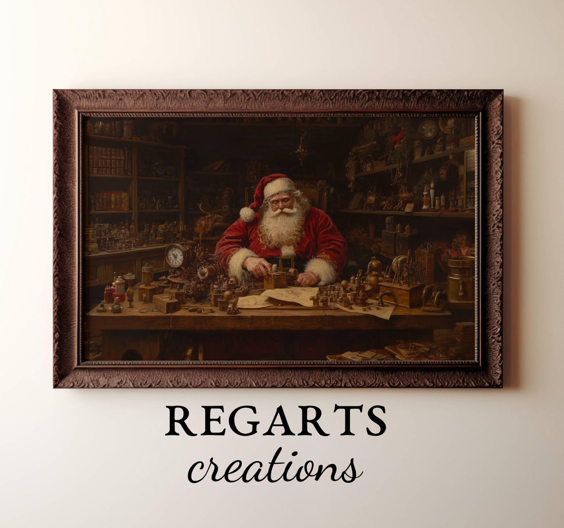 Santa Claus In His Workshop Vintage Style Antique Christmas Poster - Image 4