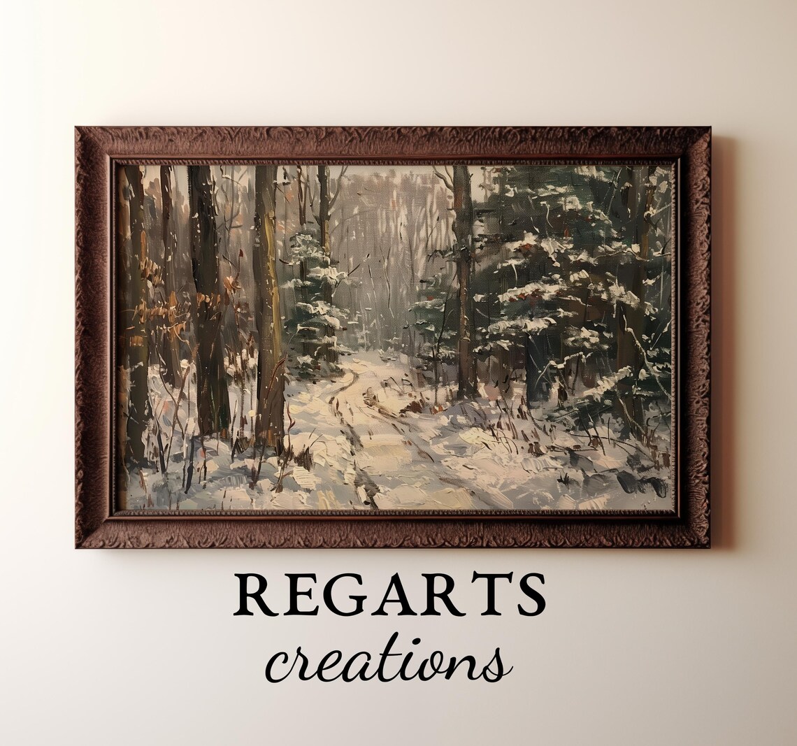 Winter Forest Trail Painting Snowy Pines Moody Woodland Poster - Image 4
