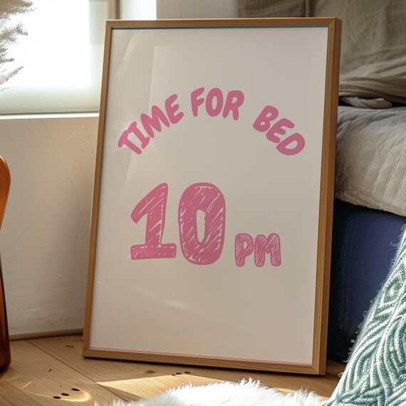 Time For Bed Typography Wall Art Pink Girly Bedroom Decor Positive Quote Print Nursery Or Kids Room