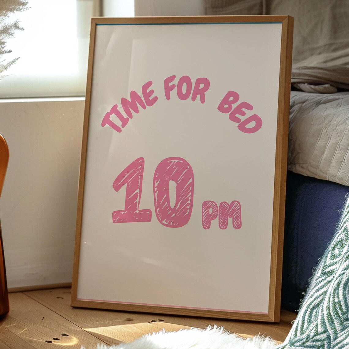 Time For Bed 10 PM Pink Hand Lettered Typography Girls Bedroom Quote Poster