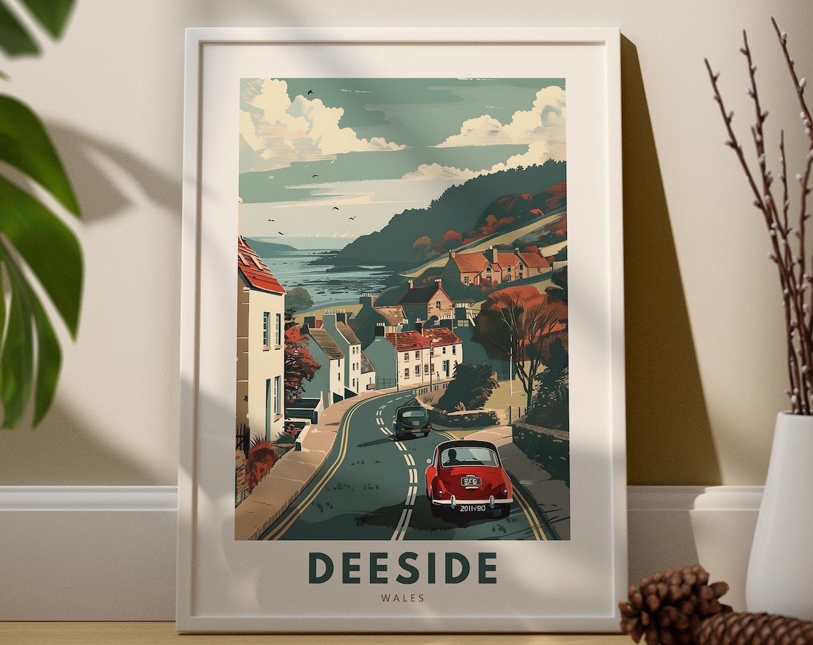 Deeside Wales Coastal Road Vintage Car Seaside Town Travel Poster