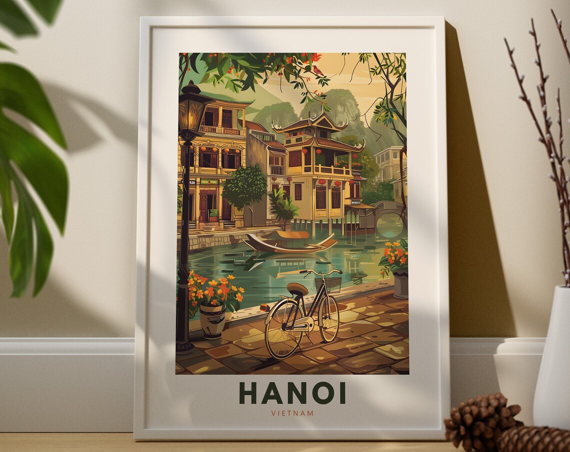 Hanoi Vietnam Old Quarter Bicycle Canal Vintage Style Travel Poster