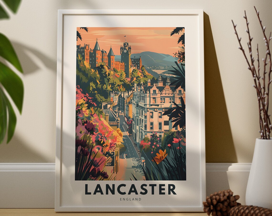 Lancaster England Hillside Town Castle Tower Sunset View Travel Poster