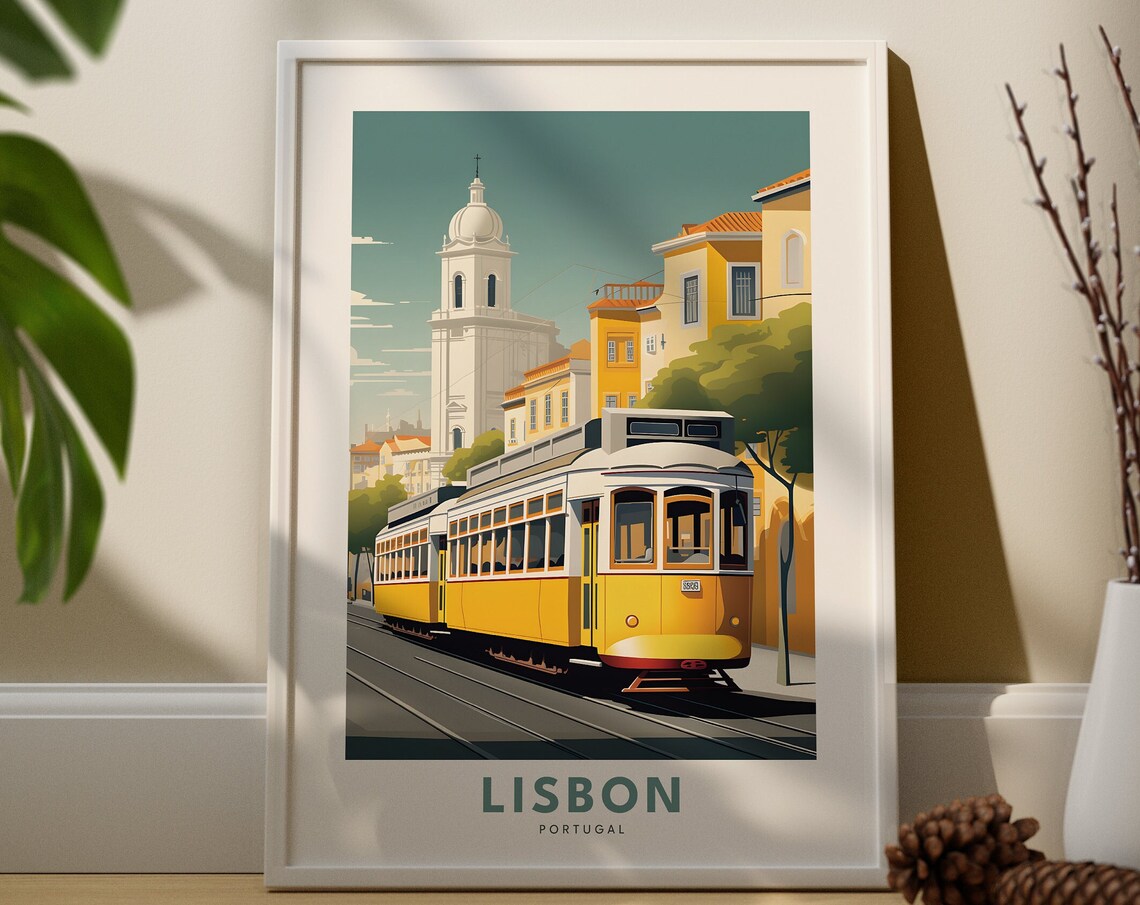 Lisbon Portugal Vintage Tram Travel Poster Yellow Streetcar Scene