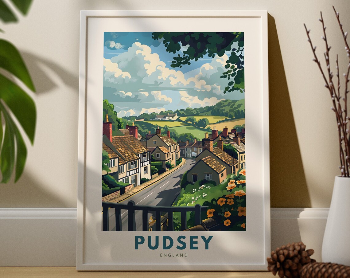 Pudsey England Village Street Cottages Green Hills Travel Poster