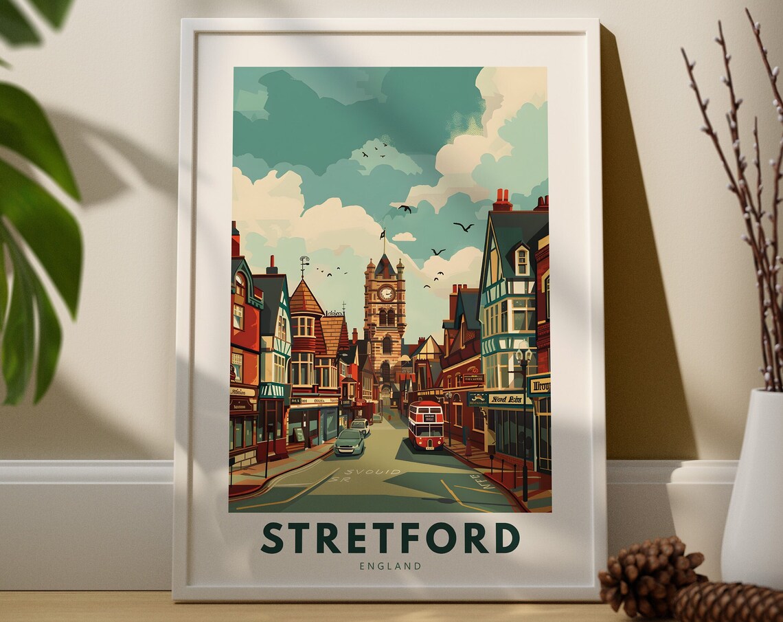 Stretford England High Street Clock Tower Retro Travel Poster Art