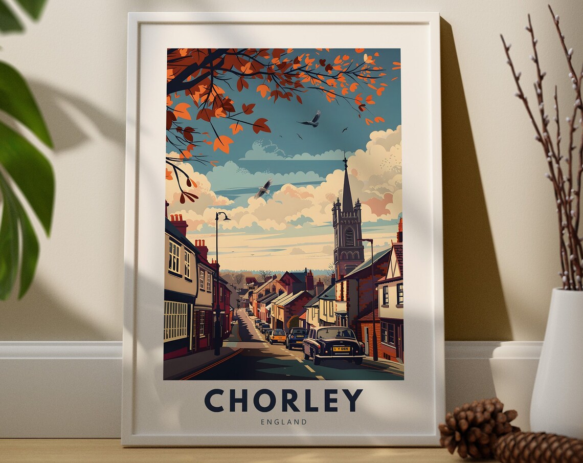 Chorley England Vintage Travel Art Autumn Church Street Scene Poster