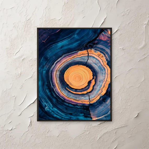 Blue Orange Tree Rings Wall Art Print Abstract Wood Grain Texture Artwork Modern Rustic Nature Decor Vibrant Organic Home Photography