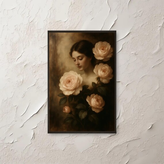 Woman With Cream Roses Moody Vintage Style Oil Painting Portrait Poster