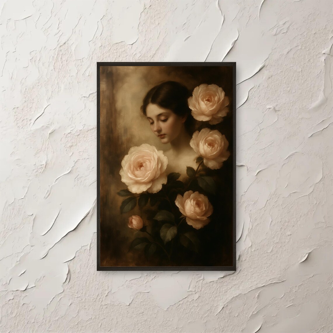 Woman With Cream Roses Moody Vintage Style Oil Painting Portrait Poster