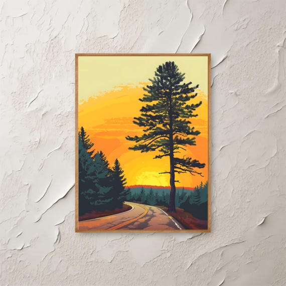 Sunset Road Through Pine Forest Golden Hour Landscape Wall Art Nature Path Print Warm Evening Sky Poster Instant Decor