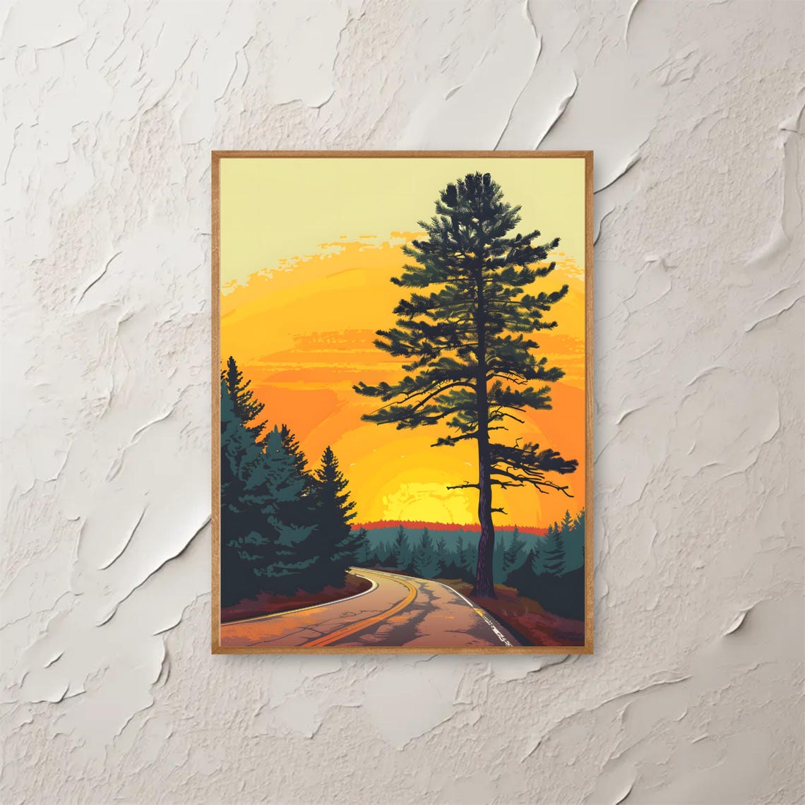 Golden Hour Winding Road Through Tall Pine Forest Sunset Poster
