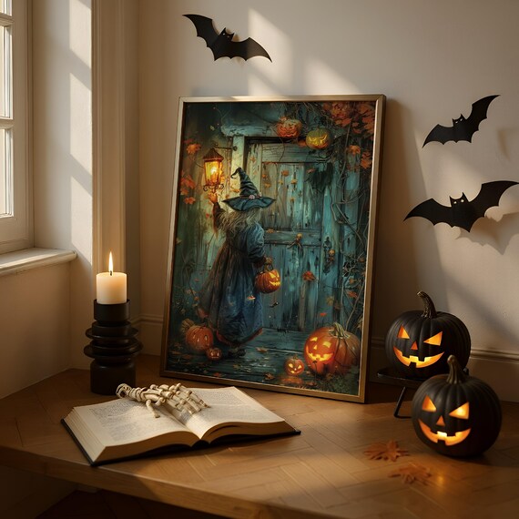 Charming Little Witch With Lantern And Pumpkins Art Print Whimsical Halloween Door Scene Cozy Autumn Night Wall Decor Pumpkin