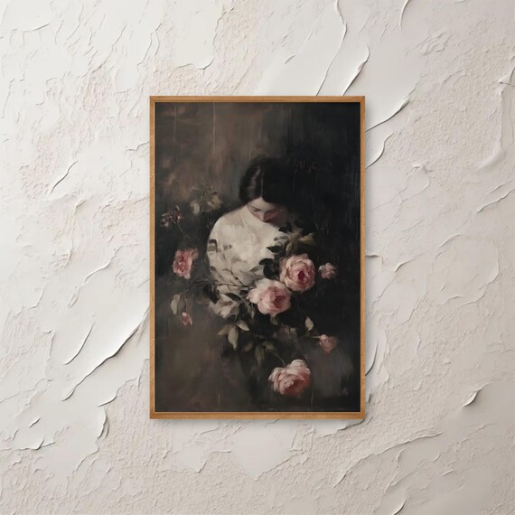 Woman With Roses Wall Art Floral Painting Moody Print Dark Academia Decor Vintage Style Antique Portrait