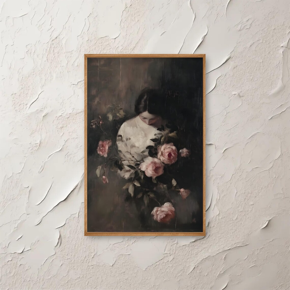 Woman Holding Roses Moody Dark Floral Portrait Painting Poster