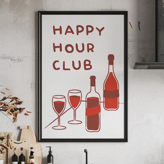 Happy Hour Club Retro Wine Bottles and Glasses Bar Kitchen Poster