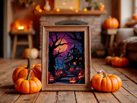 Vibrant Purple Haunted House Orange Moon Pumpkins Halloween Poster