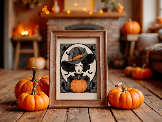 Halloween Witch Wall Art Print Vintage Gothic Poster Retro Illustration For Seasonal Home Decor