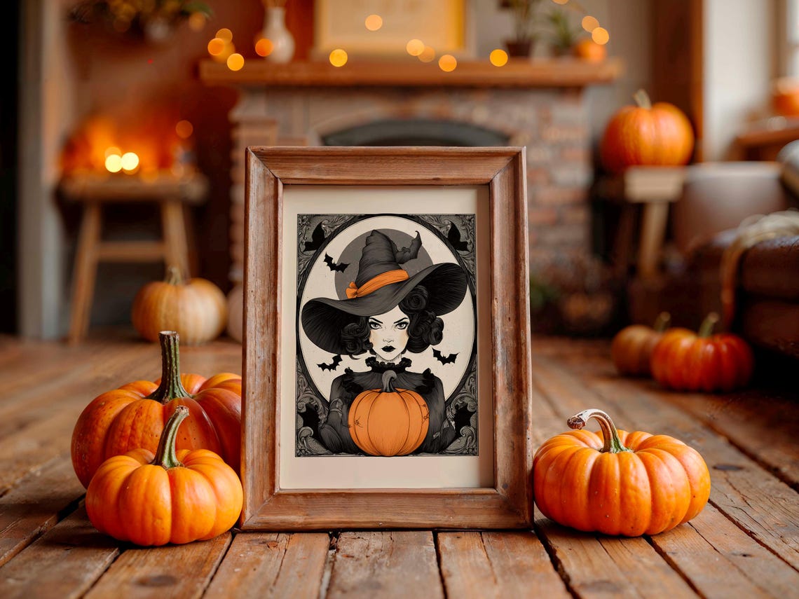 Ornate Witch Girl Halloween Poster With Pumpkin Bats And Full Moon Frame