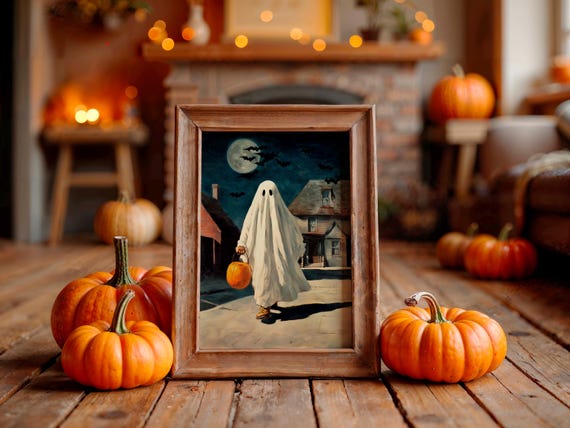 Vintage Ghost Trick or Treater Moonlit Village Halloween Poster