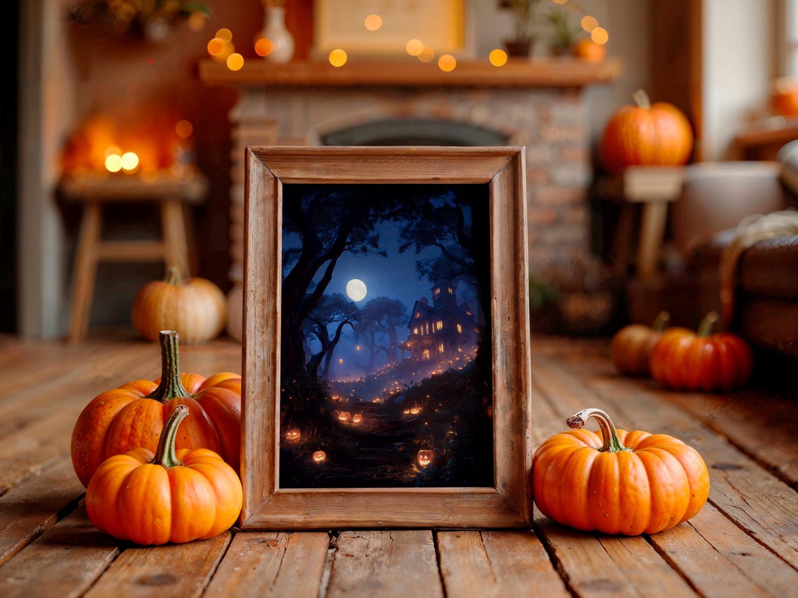 Haunted Mansion Night Moonlit Path Jackolanterns Halloween Poster