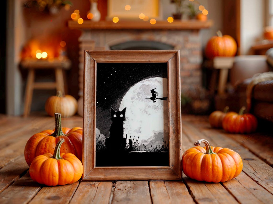 Black Cat Watching Full Moon Witch Silhouette Halloween Poster