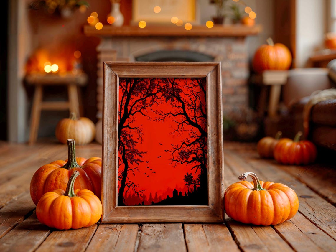 Blood Red Night Bats Graveyard Trees Silhouette Halloween Poster