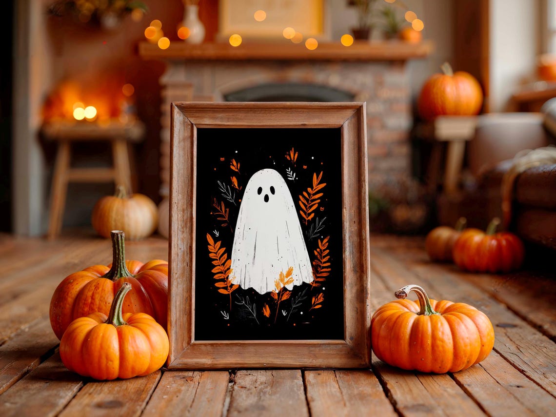 Whimsical Cute Ghost Black Background Fall Leaves Halloween Art Poster