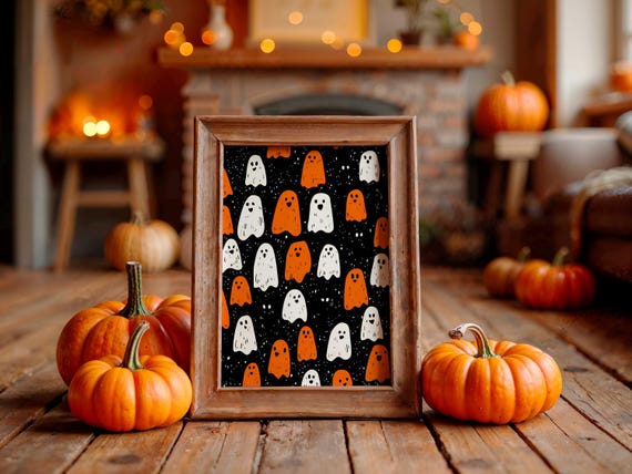 Cute Ghost Pattern Halloween Poster White And Orange Ghosts On Black