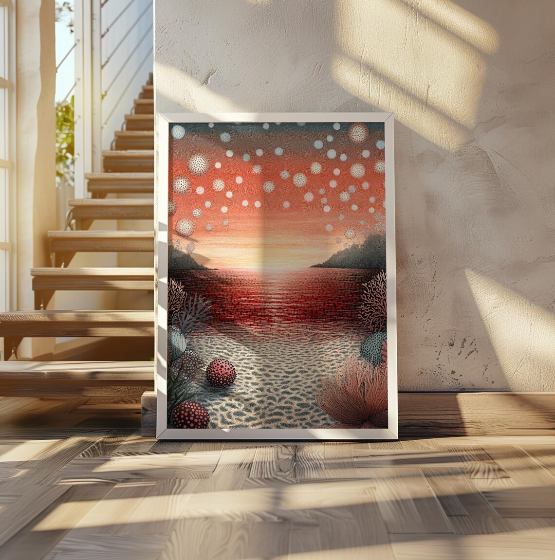 Kusama Inspired Crimson Sunset Sea Coral Dot Landscape Poster