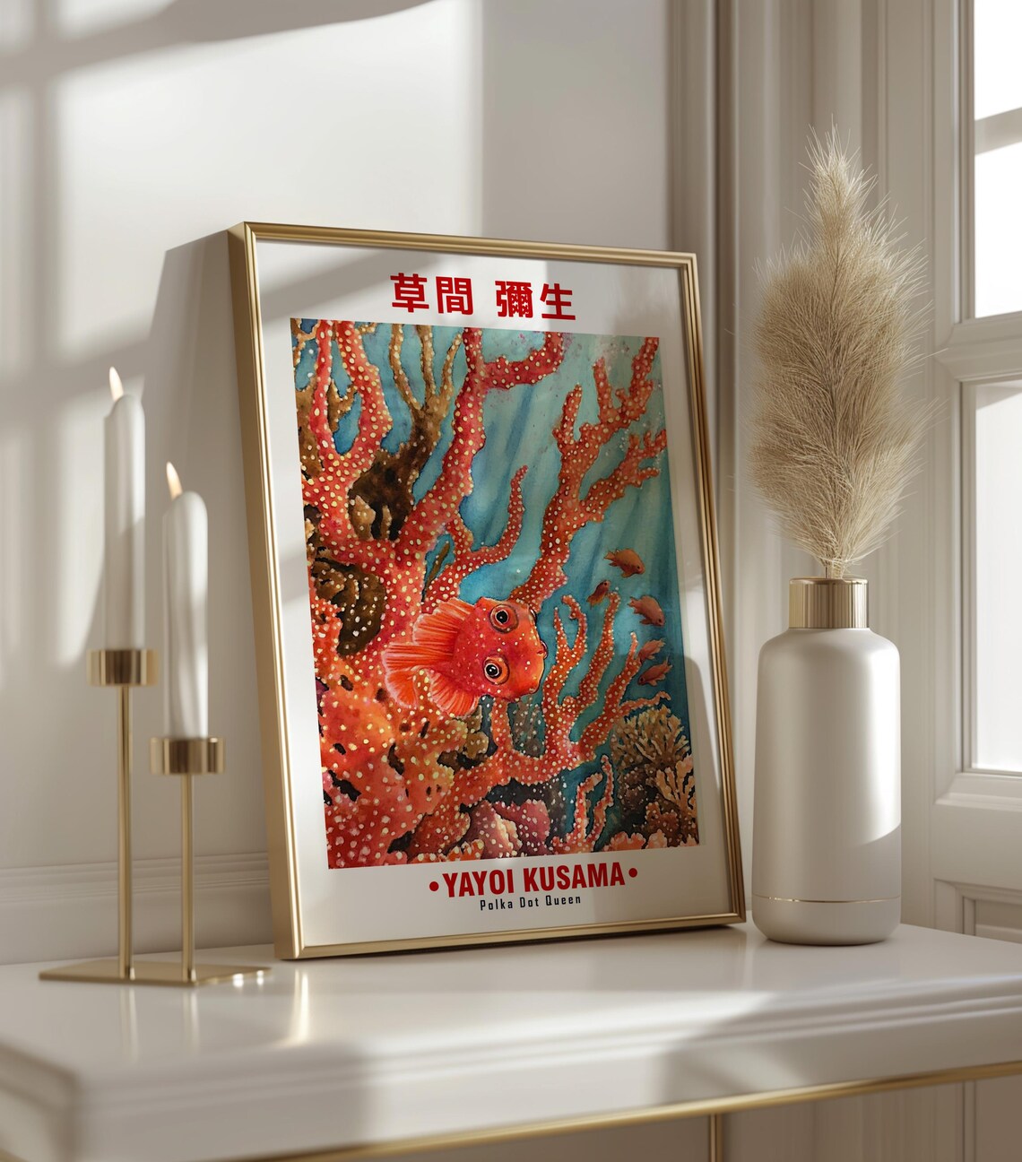 Red Coral Branch Orange Fish Dive Scene Yayoi Kusama Inspired Poster - Image 3