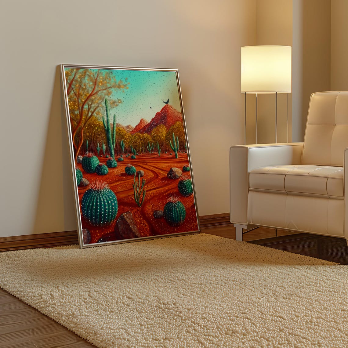 Saguaro and Barrel Cactus Desert Landscape with Birds Art Poster - Image 3