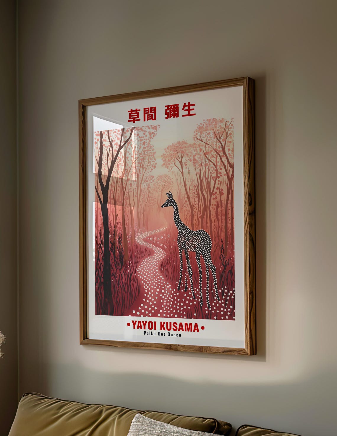 White Spotted Deer Walking Red Forest Path Kusama Inspired Poster - Image 2