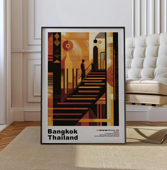 Bangkok Thailand Mid Century Modern Architecture Art Print Retro Minimalist City Poster With Geometric Design Bold Mid Century Poster