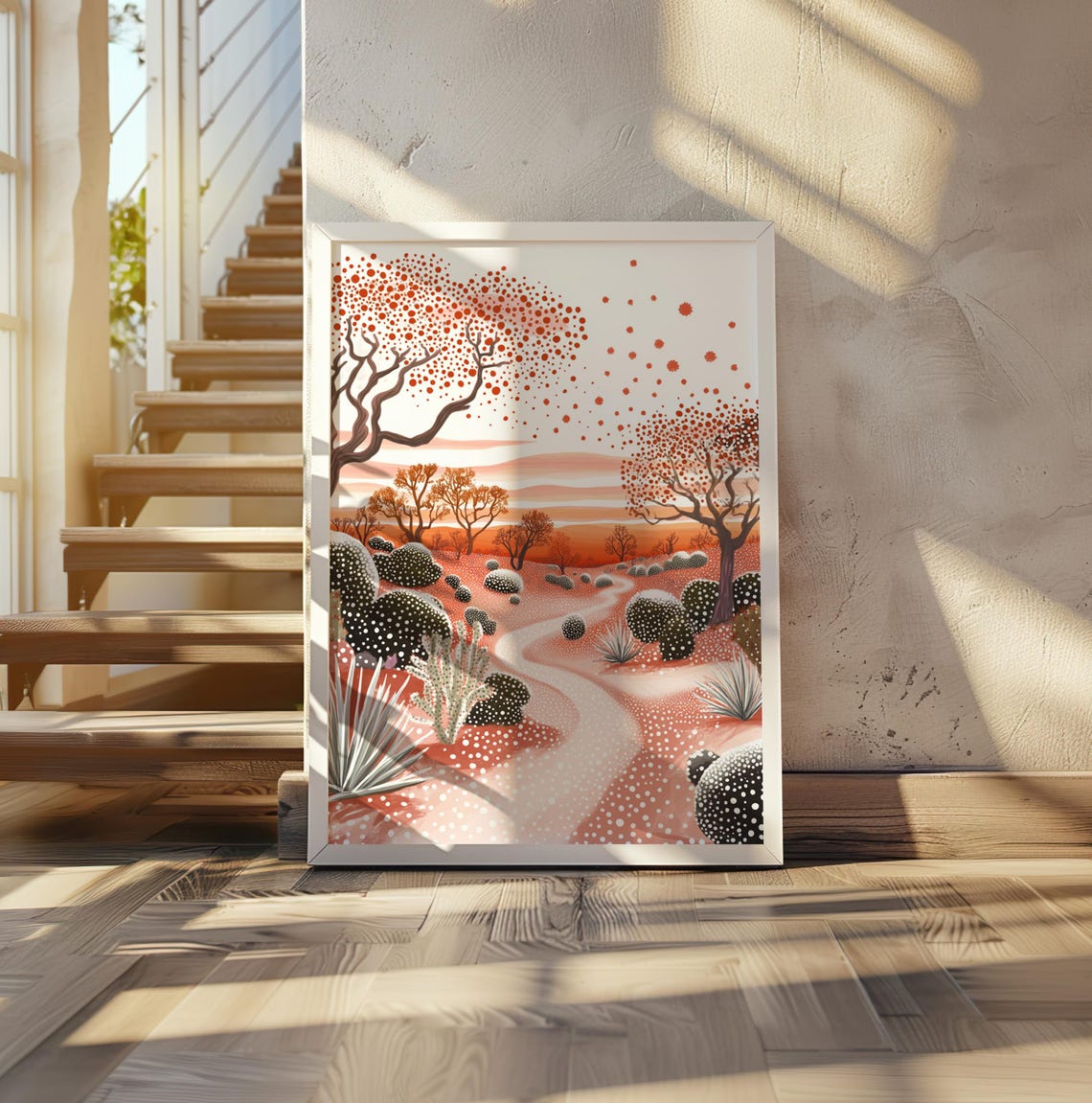 Serene Winding Path Through Pink Dotted Desert Bushland Art Poster