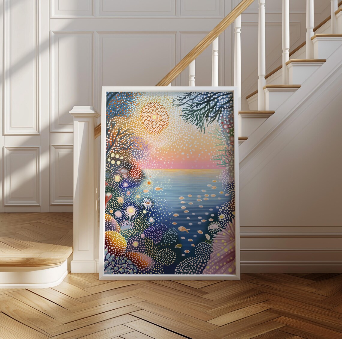Yayoi Kusama Inspired Dotted Goldfish Pond at Sunset Art Poster Decor - Image 2