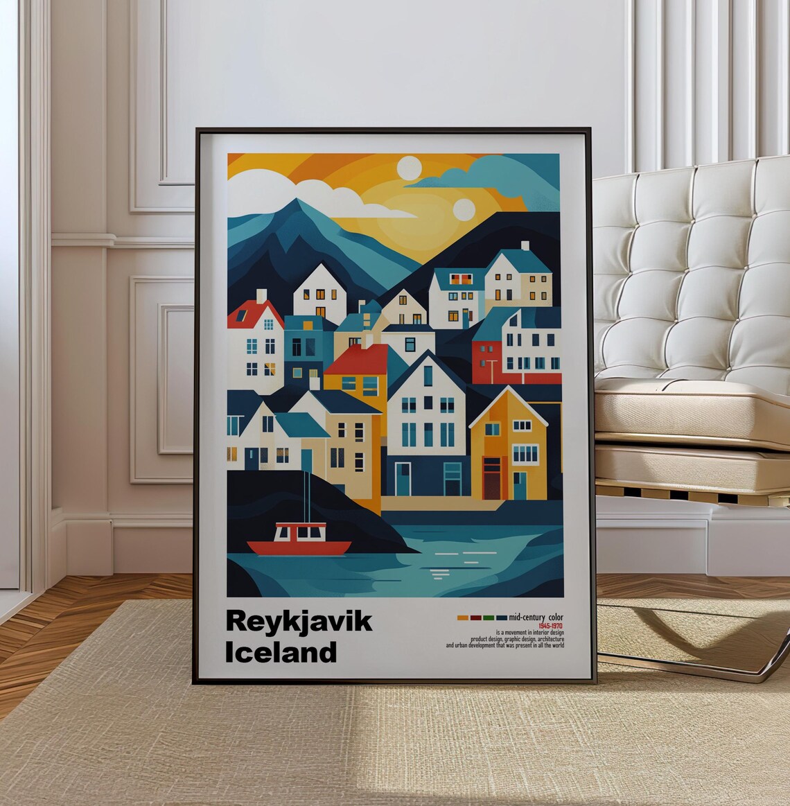 Reykjavik Iceland Harbor Houses Sunset Mid Century Travel Poster
