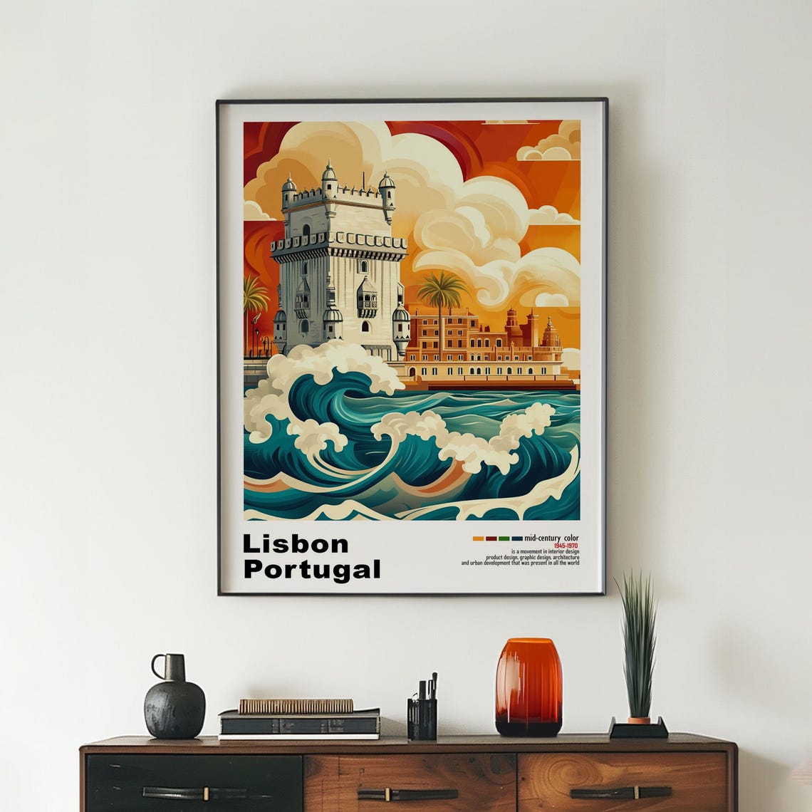 Lisbon Portugal Belem Tower Ocean Wave Crash Orange Sunset Poster - Image 2