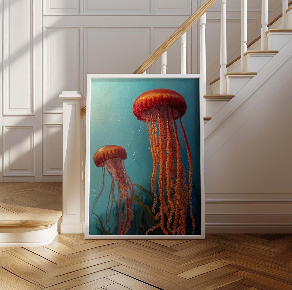Kusama Inspired Large Orange Jellyfish Duo Teal Water Poster - Image 2