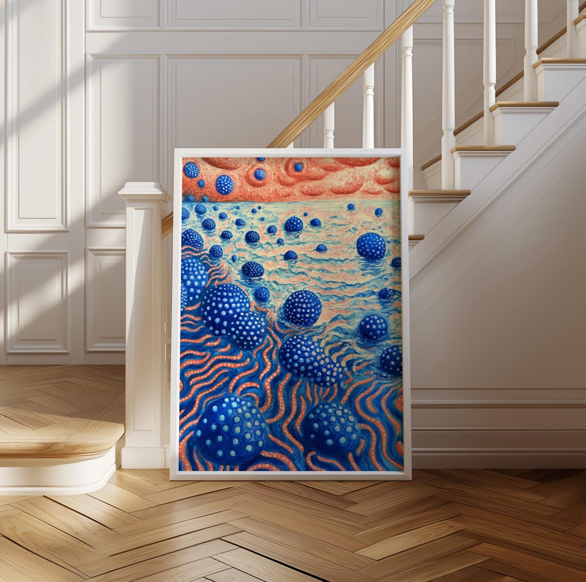 Kusama Inspired Blue Dotted Orbs Swirling Ocean Sunset Poster - Image 2