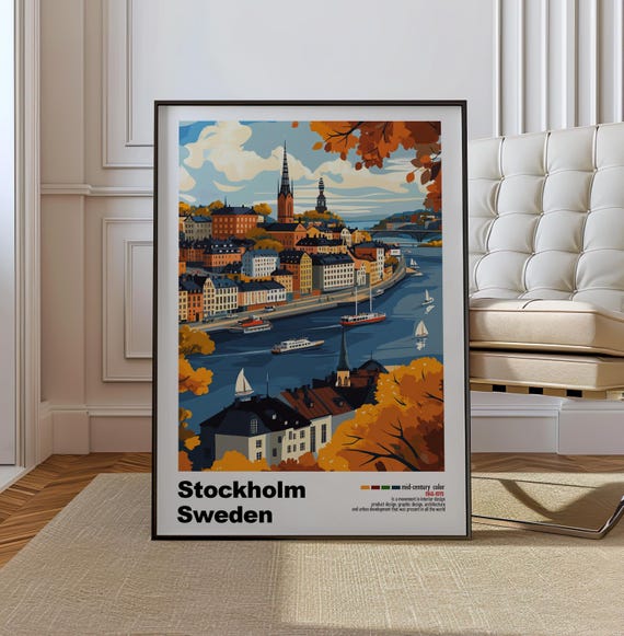 Stockholm Sweden Mid Century Modern Architecture Art Print Retro Minimalist City Poster With Geometric Design Bold Mid Century Poster