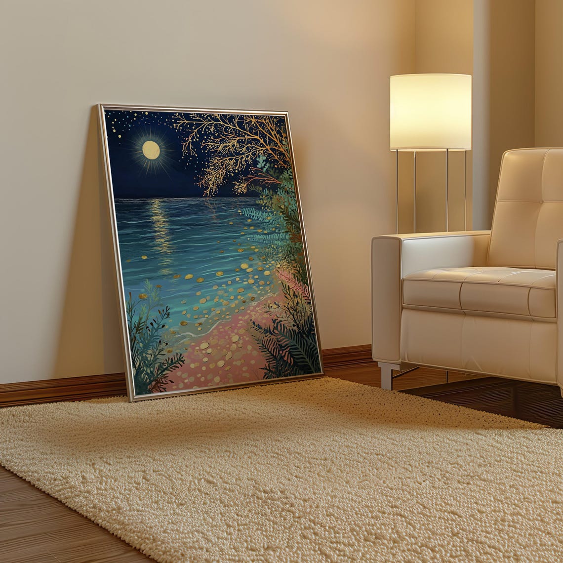 Dreamy Moonlit Beach with Golden Dots Kusama Style Art Poster - Image 3