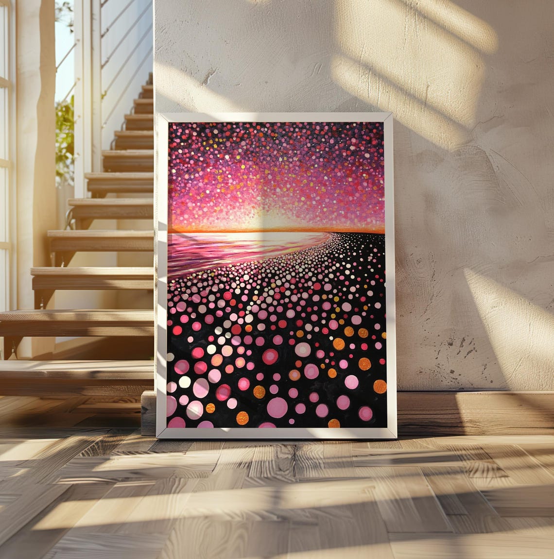 Black Sand Beach with Pink Polka Dot Sunset Kusama Style Poster