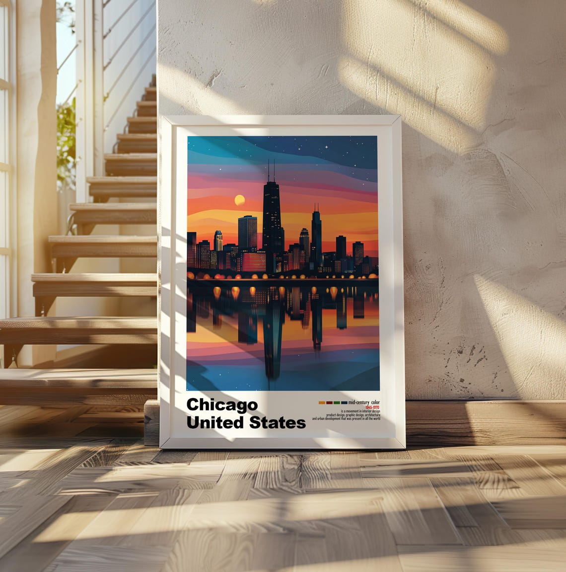 Chicago Skyline at Night Over Water Mid Century Modern Poster - Image 2
