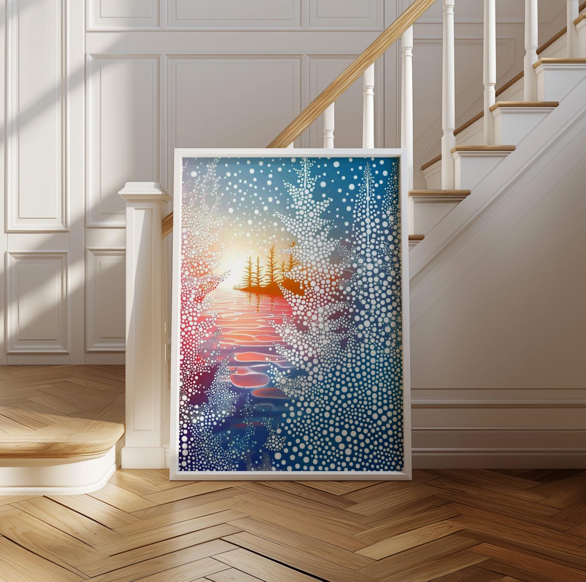 Yayoi Kusama Inspired Dotted Sunset Over Purple Waters Art Poster - Image 2