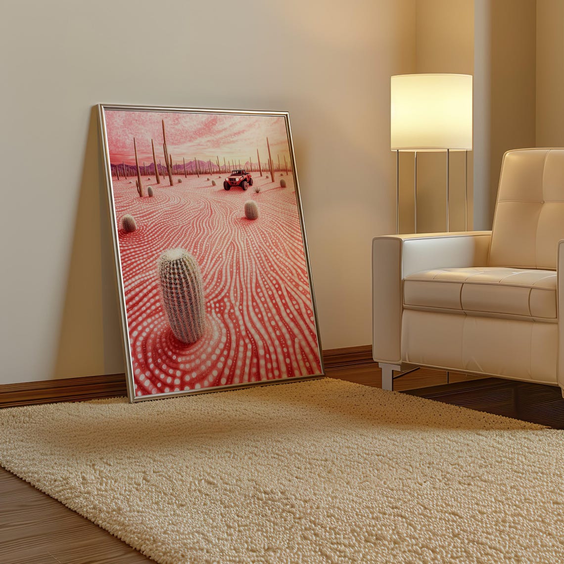 Red Off Road Vehicle in Pink Rippled Dotted Desert Art Poster - Image 3