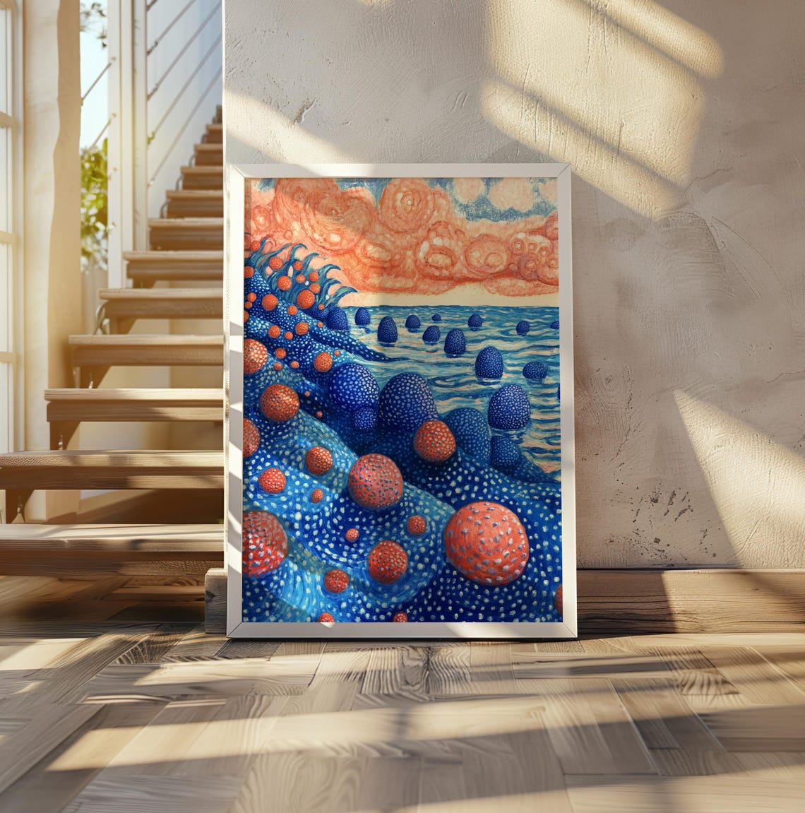 Kusama Inspired Dotted Waves Red Orbs Modern Ocean Pop Art Poster