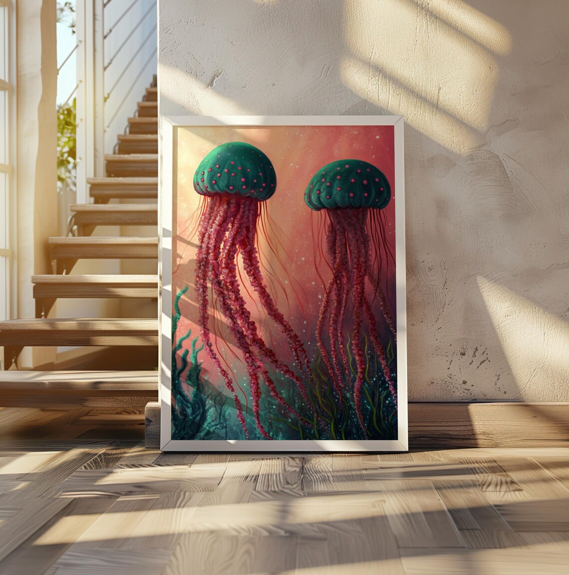 Kusama Inspired Green Jellyfish Magenta Tentacle Pair Poster