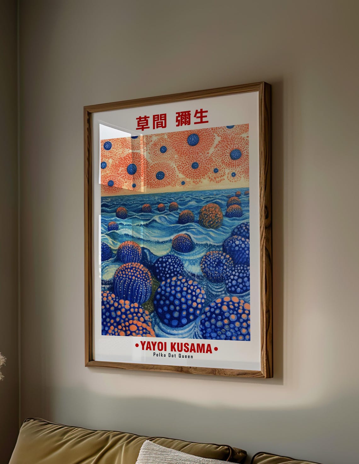 Bold Blue Dotted Balls Ocean Orange Sky Kusama Inspired Poster - Image 2